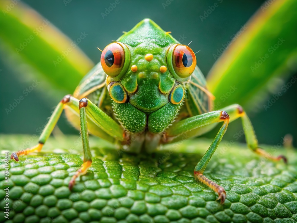 Vibrant green planthopper nymph with large eyes and delicate legs perches on a fresh green leaf, showcasing its intricate details and natural camouflage. Vibrant green planthopper nymph with large eyes and delicate legs perches on a fresh green leaf, showcasing its intricate details and natural camouflage.