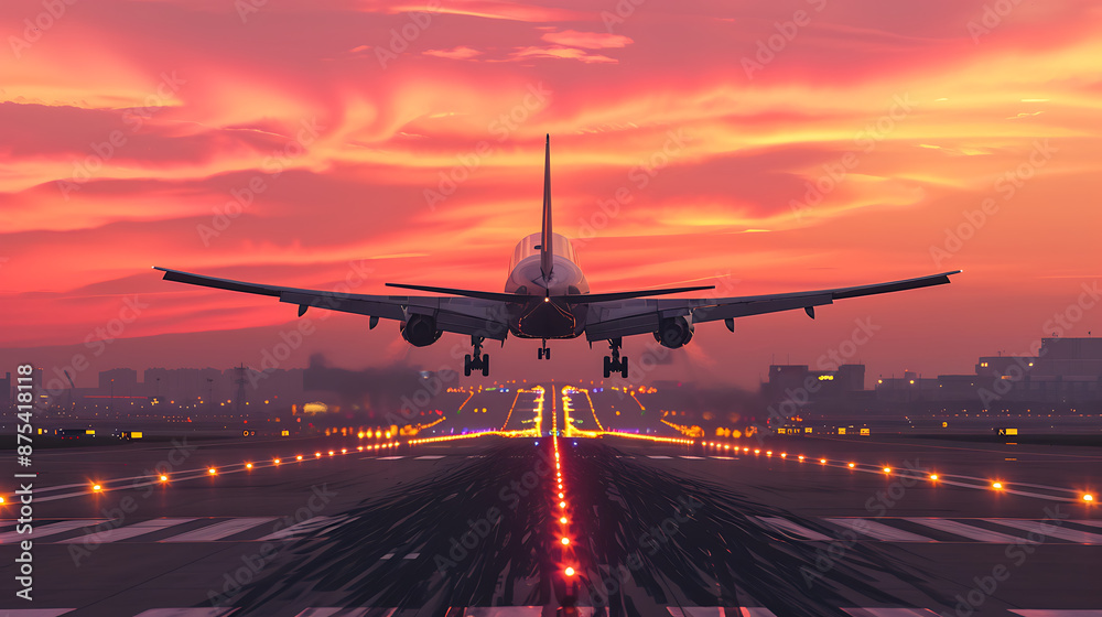 Commercial Airplane Landing at Sunset Commercial Airplane Landing at Sunset