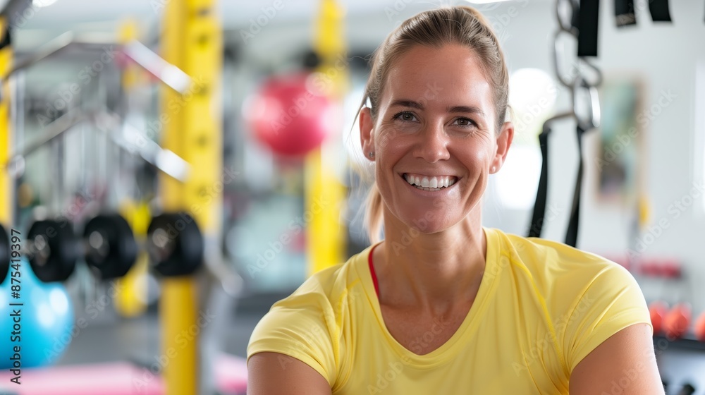 Fototapeta premium A vibrant photo of a fitness trainer smiling in their gym with exercise equipment and weights