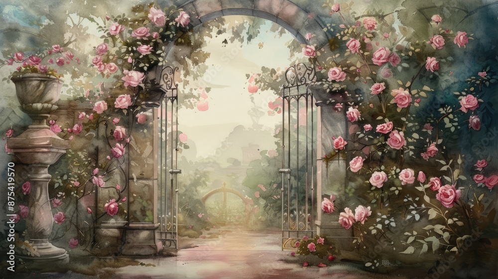 Obraz premium garden gate with roses, watercolor, detailed, wallpaper design, art pastel color, banner, and wall design for print