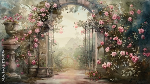garden gate with roses, watercolor, detailed, wallpaper design, art pastel color, banner, and wall design for print
