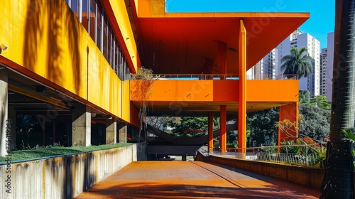 This image depicts a striking modern building with bold orange structural elements and sleek lines, showcasing contemporary architecture set against a clear blue sky in an urban environment. photo
