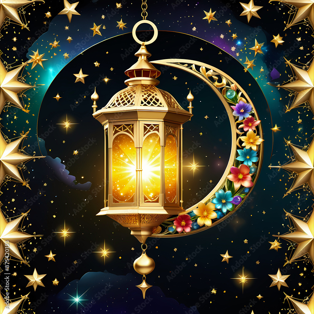 celebratory festive design with a golden lantern with floral gems pattern encased in a decorative crescent moon background, illustration wallpaper celebratory festive design with a golden lantern with floral gems pattern encased in a decorative crescent moon background, illustration wallpaper