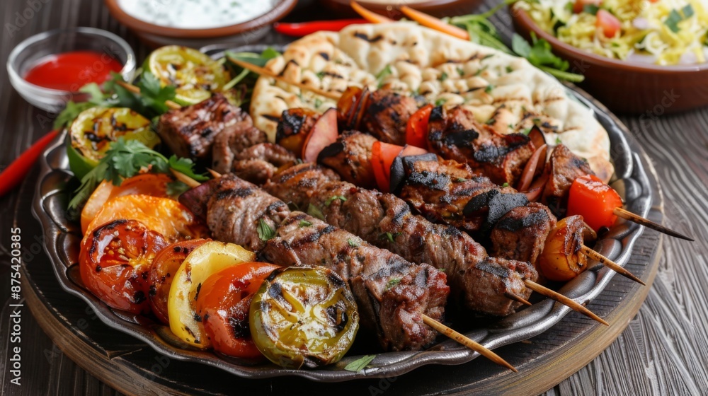 A colorful platter of Turkish kebabs with grilled meat, vegetables, and skewers served with flatbread. A colorful platter of Turkish kebabs with grilled meat, vegetables, and skewers served with flatbread.