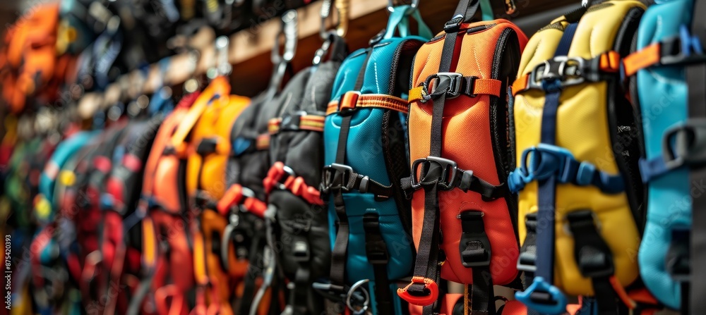 Fototapeta premium Variety of Climbing Harnesses on Display in Store, Highlighting Brands and Styles for Outdoor Enthusiasts