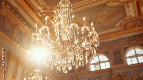 A crystal chandelier hanging from a high ceiling in a luxurious ballroom, sparkling with reflected light.