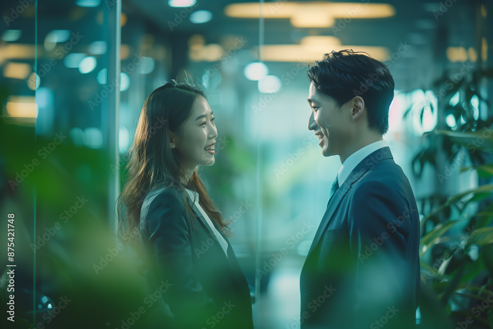 Asian woman and man talking in office. Asian woman and man talking in office.