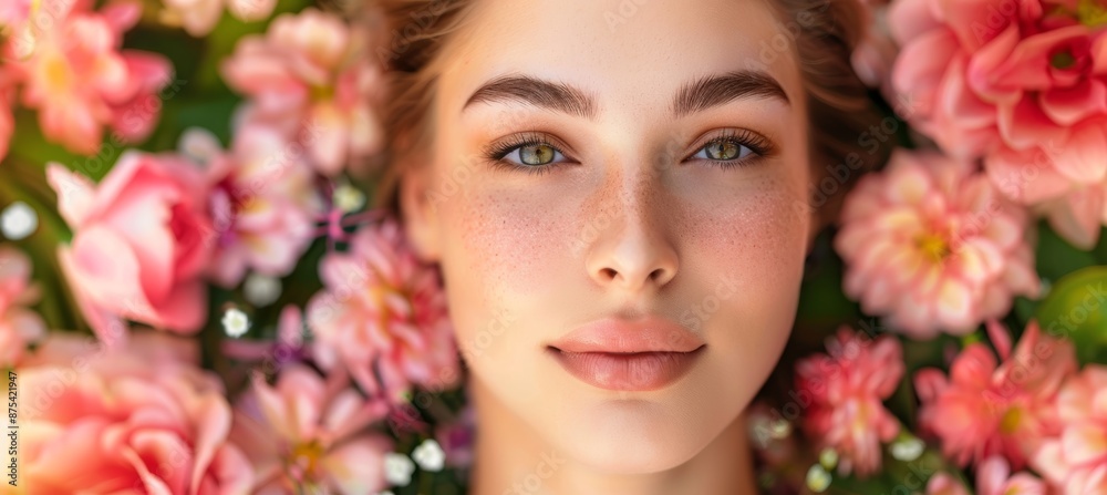Radiant Portrait of Woman with Rejuvenated Skin Amidst Blossoming Flowers for Beauty and Wellness Design Radiant Portrait of Woman with Rejuvenated Skin Amidst Blossoming Flowers for Beauty and Wellness Design