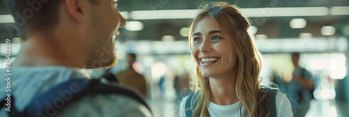 Wallpaper Mural A Caucasian male and female couple carrying backpacks are talking in the airport terminal. Torontodigital.ca