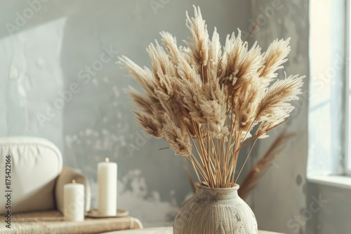 Hare s tail grass decorates cozy minimal Scandinavian interior with candles and stylish vase photo