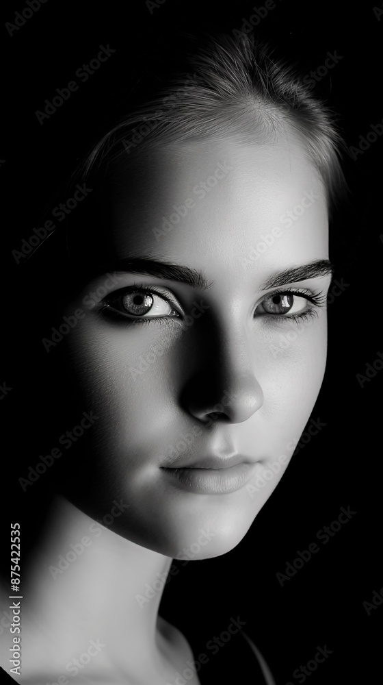 Close up portrait of beautiful young woman on black background. Black and white photo. Low key. Close-up. Close up portrait of beautiful young woman on black background. Black and white photo. Low key. Close-up.