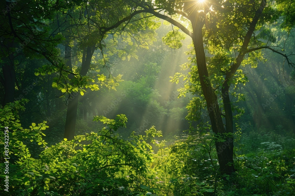Lush green trees in a sunny forest Lush green trees in a sunny forest