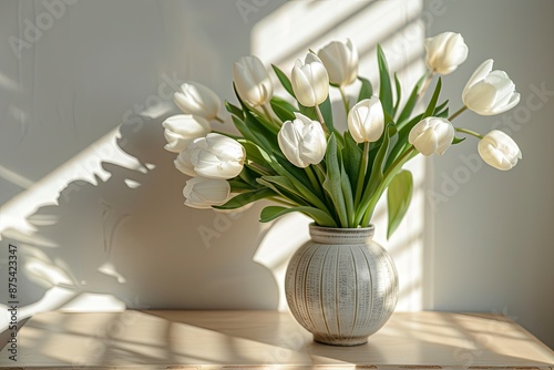 Nordic home decor with fresh white tulip bouquet in vase on cabinet Sleek design with plants and sha
