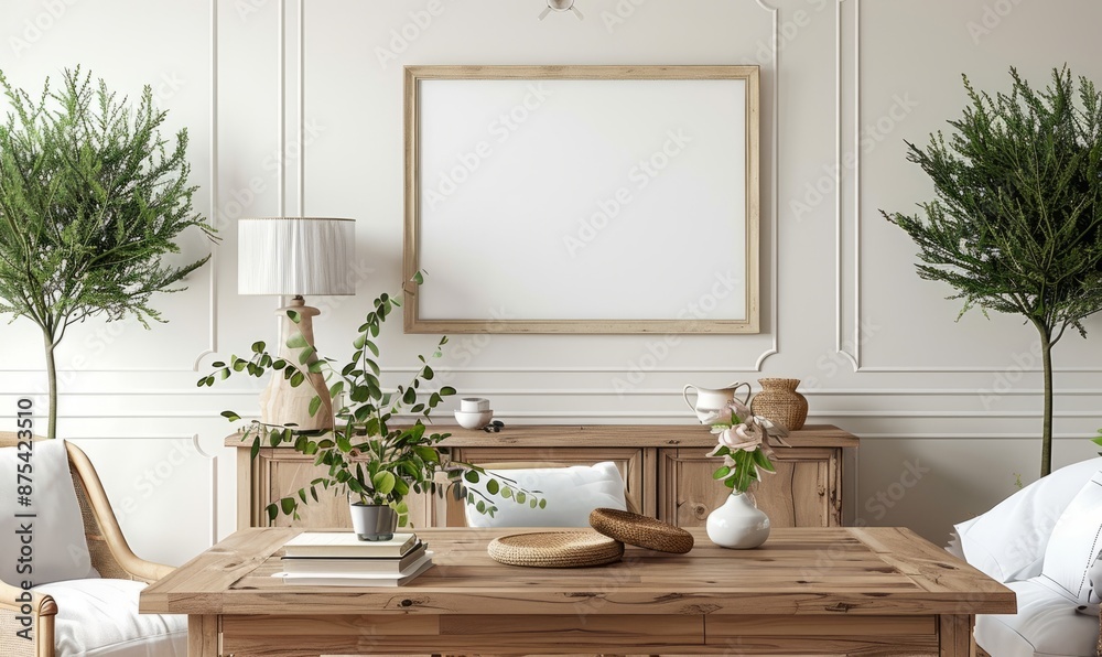 Bright dining room with an empty frame on the sideboard Bright dining room with an empty frame on the sideboard