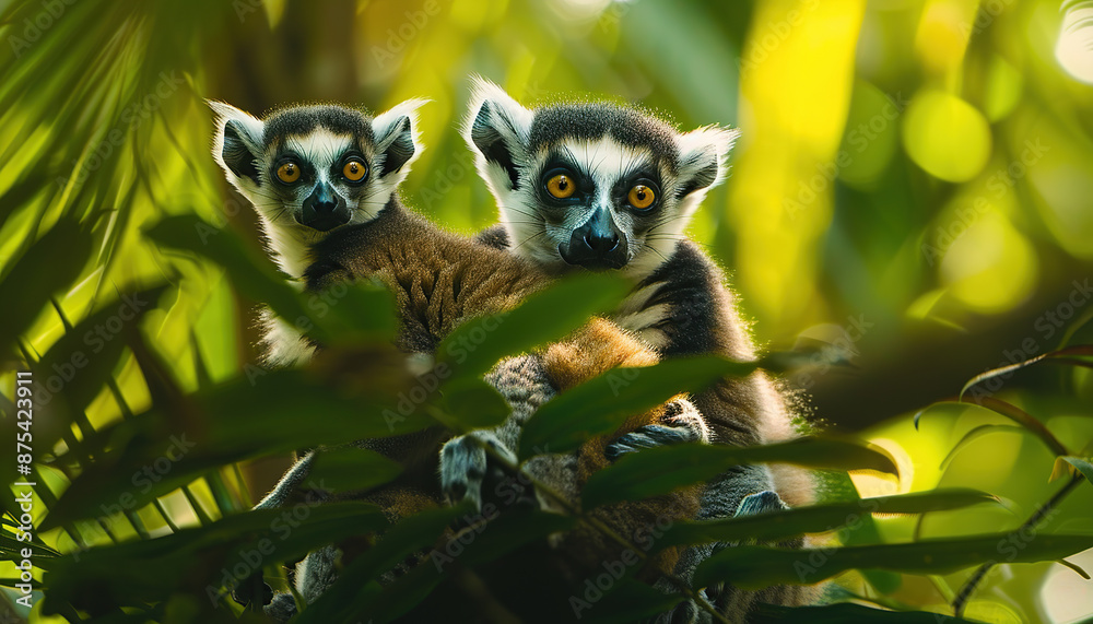 Lemurs in Tropical Rainforest, Interesting Plants in Background, Green Nature Wallpaper with Copy Space Lemurs in Tropical Rainforest, Interesting Plants in Background, Green Nature Wallpaper with Copy Space