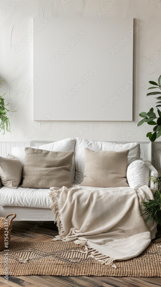Cozy living room with a blank canvas above the sofa Cozy living room with a blank canvas above the sofa