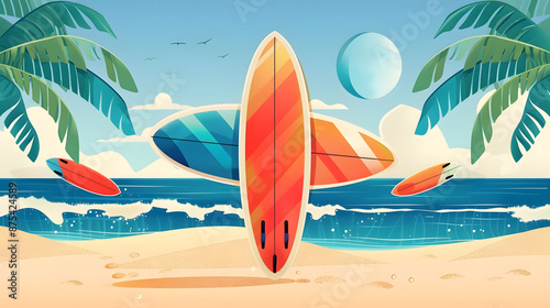 Flat vector illustration of surfing board on tropical sandy beach