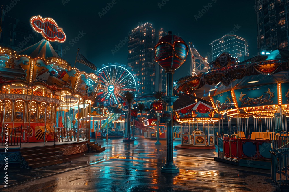 Obraz premium View of the lights from the amusement park at night.