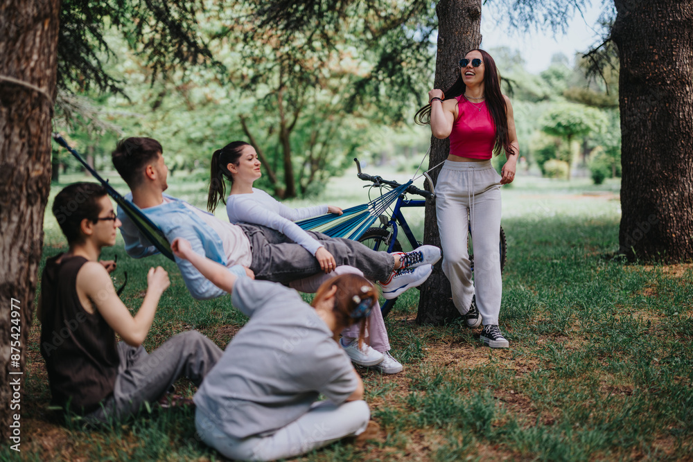 Friends relaxing and chatting in a park with bicycles and hammock Friends relaxing and chatting in a park with bicycles and hammock