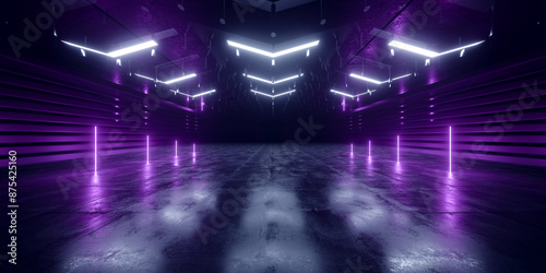 Fototapeta Naklejka Na Ścianę i Meble -  Futuristic Cyber Laser Electric Neon Lightning Vibrant Glowing Tunnel Corridor Metal Concrete Studio Backdrop Background Tunnel Corridor 3D Rendering