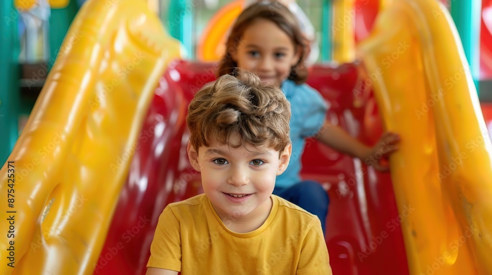 Happy children playing on a colorful slide at an indoor playground, enjoying fun and laughter together. Happy children playing on a colorful slide at an indoor playground, enjoying fun and laughter together.