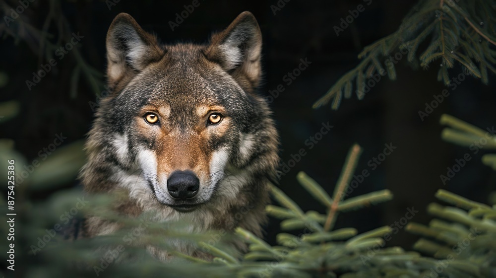 Obraz premium Majestic wolf with piercing eyes hidden in dense forest foliage, capturing the essence of wild nature and animal strength.