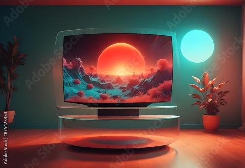 surreal and dreamlike, Ultra-compact, portable television with foldable screen and wireless power charging, saturated, pastel, dreamy atmosphere, liquid psychedelic, monochromatic mockup photo