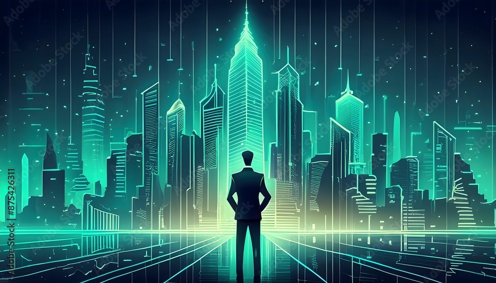 A businessman standing in the center of a futuristic cityscape with illuminated skyscrapers, a rainbow-colored skyline, and a towering blue crystal monument. business success illustration. A businessman standing in the center of a futuristic cityscape with illuminated skyscrapers, a rainbow-colored skyline, and a towering blue crystal monument. business success illustration.