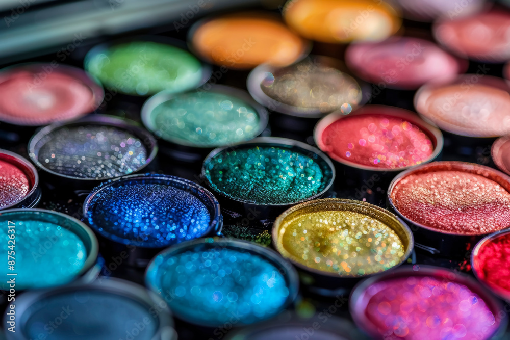 cosmetic background with a palette of powder eyeshadows in bright colors The background includes a combination of metallic and matte shades of eyeshadow cosmetic background with a palette of powder eyeshadows in bright colors The background includes a combination of metallic and matte shades of eyeshadow