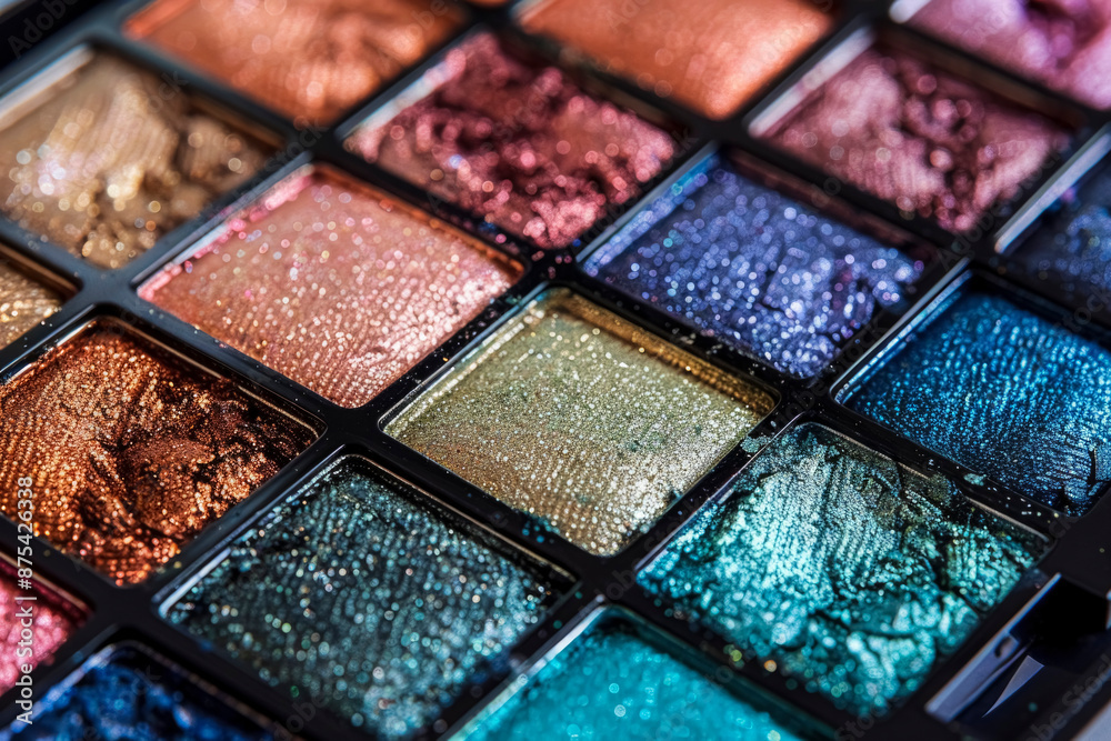 cosmetic background with a palette of powder eyeshadows in bright colors The background includes a combination of metallic and matte shades of eyeshadow