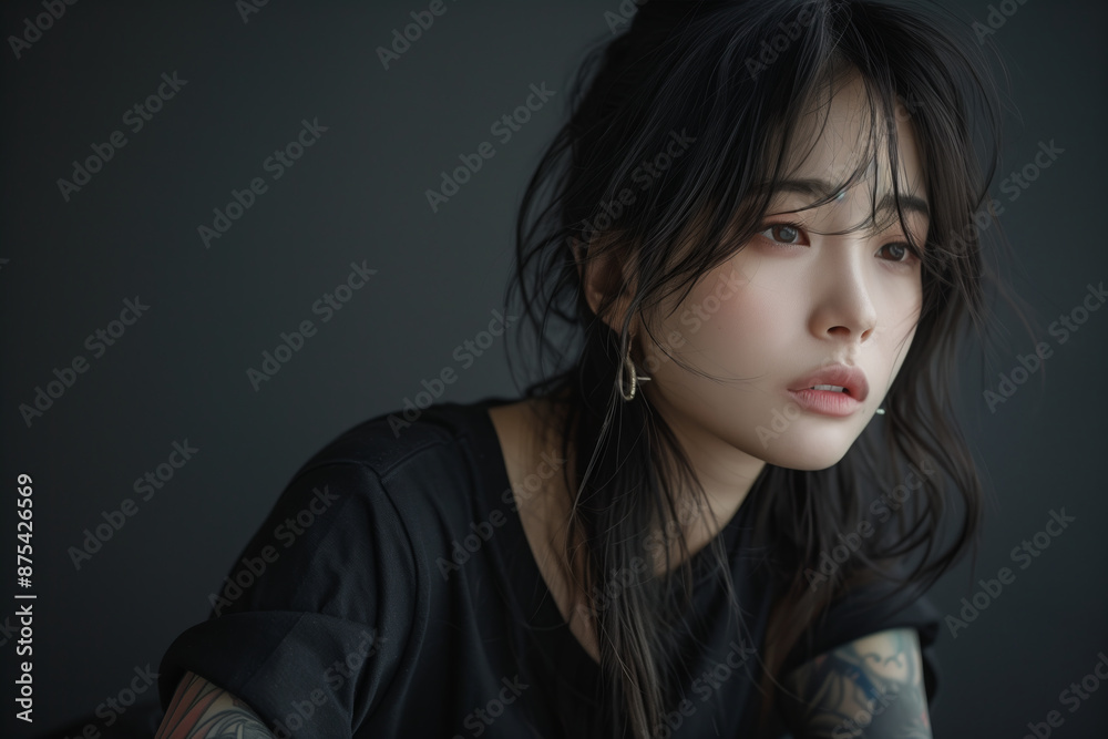 Asian woman with tattoo on arm on black background. Asian woman with tattoo on arm on black background.