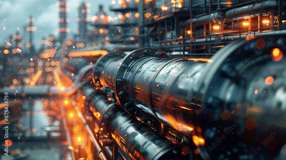 Industrial Pipeline with Glowing Lights in a Modern Factory Setting During Dusk Industrial Pipeline with Glowing Lights in a Modern Factory Setting During Dusk