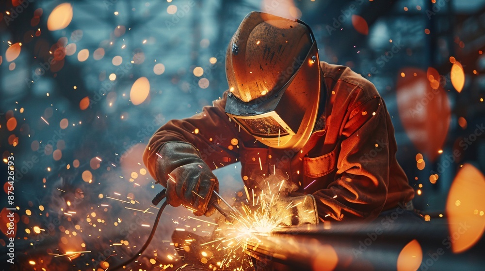 Industrial Welder at Work with Sparks Flying in a Factory Setting, Showcasing Skilled Labor and Metalwork Industrial Welder at Work with Sparks Flying in a Factory Setting, Showcasing Skilled Labor and Metalwork