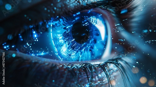 Close-up of a Futuristic Blue Eye with Digital Elements and Sparkling Light Effects