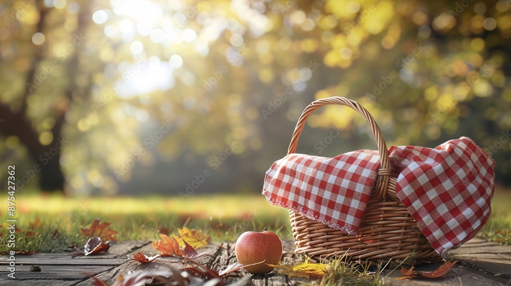 Autumn Picnic Scene with Basket and Apple on Wooden Deck in Sunlit Forest Autumn Picnic Scene with Basket and Apple on Wooden Deck in Sunlit Forest