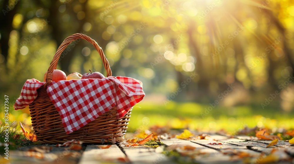 Picnic Basket with Apples and Red Checkered Cloth in Sunlit Autumn Forest Picnic Basket with Apples and Red Checkered Cloth in Sunlit Autumn Forest
