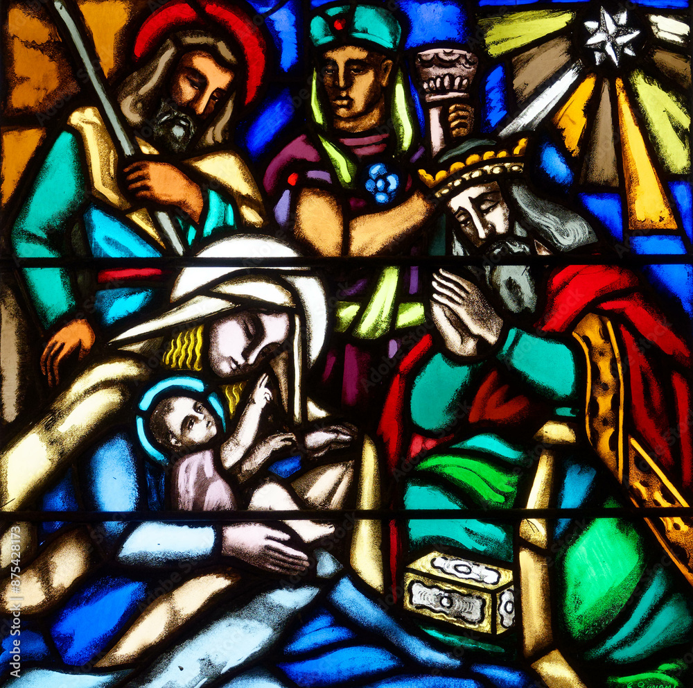 Adoration of the Magi who lay before Infant Jesus gifts of gold, frankincense, and myrrh. Adoration des Mages qui déposent devant l'Enfant Jésus des cadeaux d'or, encens, myrrhe.