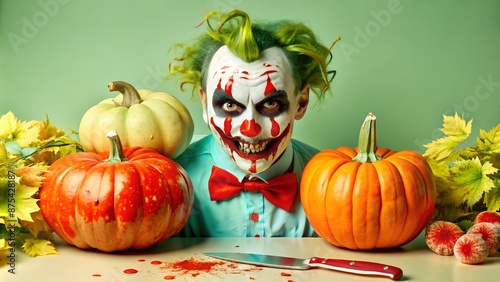 Creepy clown with pumpkins and knife photo