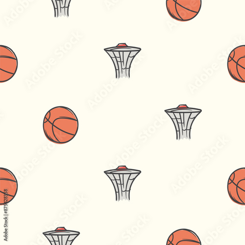 Simple seamless pattern with basketball and basket. Repeating background for the design of a sports hall, stadium. Design for banner, signboard, poster
