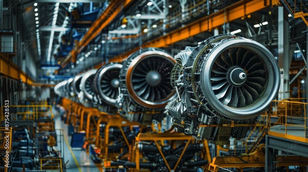 Fototapeta premium Panoramic View of Jet Engine Assembly Line - Aviation Engineering and Manufacturing Process
