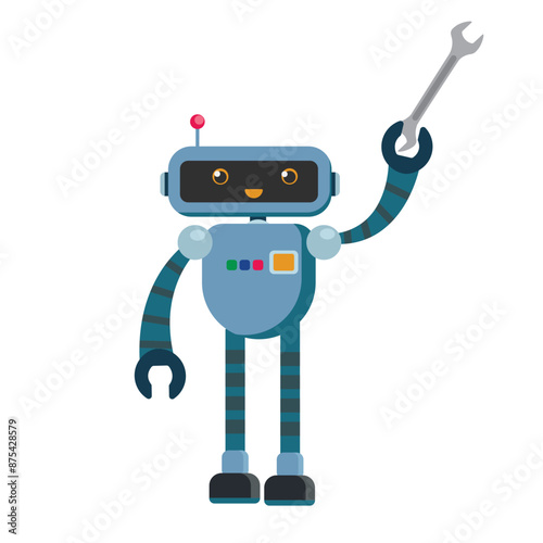 Cheerful funny cartoon children's robot. Cute cyborg, futuristic modern bot, android, smiling character in flat vector illustration isolated on white background. Science technology concept.