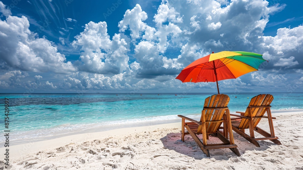 Tropical Beach with Colorful Umbrella and Wooden Chairs Under a Vibrant Sky with Puffy Clouds Tropical Beach with Colorful Umbrella and Wooden Chairs Under a Vibrant Sky with Puffy Clouds