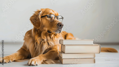 A golden retriever dog wearing glasses, lying next to a stack of books. An excellent fit for themes related to education, pets, and intelligence.
