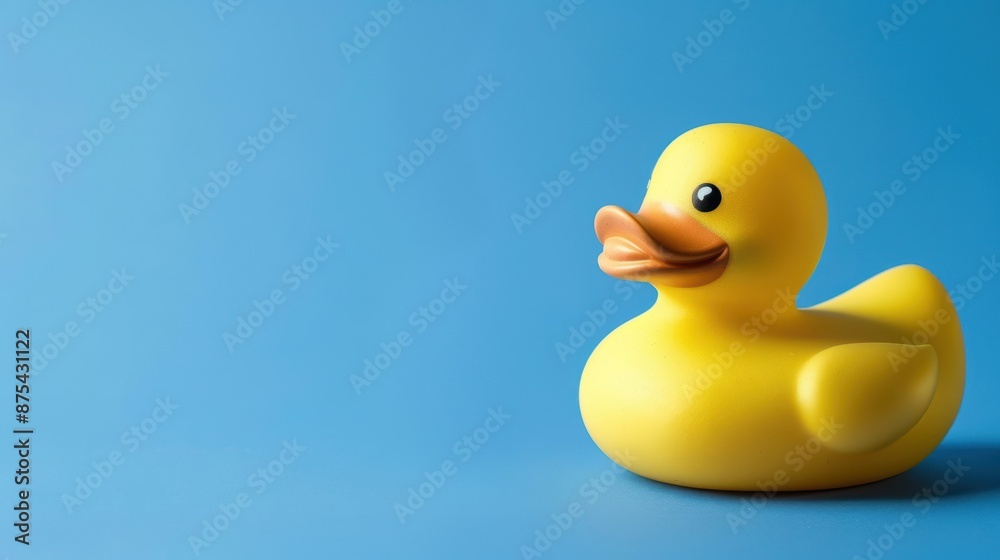 Yellow Rubber Duck On Blue Background. A cute yellow rubber duck set against a bright blue background, creating a playful and cheerful scene. Yellow Rubber Duck On Blue Background. A cute yellow rubber duck set against a bright blue background, creating a playful and cheerful scene.