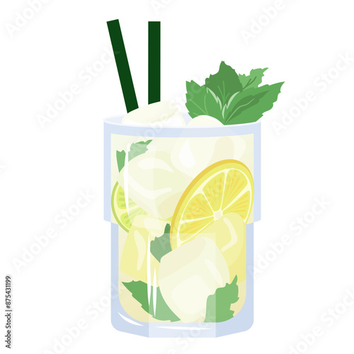 Mojito realistic cocktail in glass with lime, ice, mint leaves and drinking straw. Vector illustration summer beach cocktail isolated on white background.