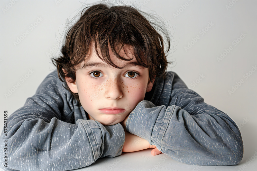 Portrait of a Sad Young Boy with Freckles and Messy Hair Resting His Chin on His Arms Portrait of a Sad Young Boy with Freckles and Messy Hair Resting His Chin on His Arms