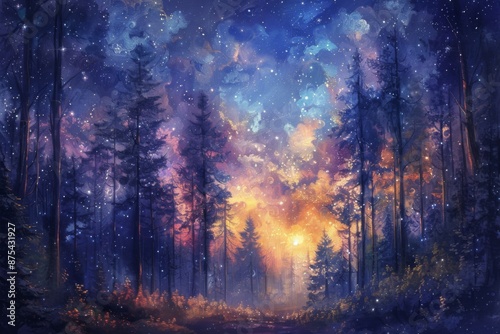 Mystical Night Forest With Vibrant Sky