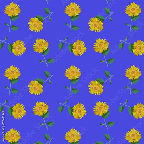 A pattern of sunflower flowers on a blue background.eps