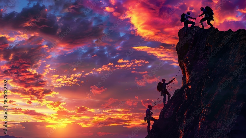 Sunset Climbing Adventure Silhouetted Against a Vibrant, Serene Sky for Inspirational Designs