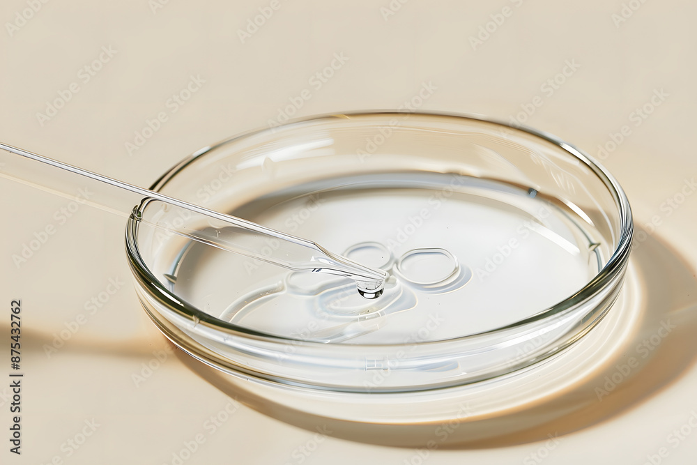 Glass pipette and petri dish with liquid on beige background, closeup Glass pipette and petri dish with liquid on beige background, closeup